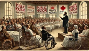 LuigiMangione.top wide aspect, historical style illustration of a philosopher resembling V. Lenin giving a passionate speech to Luigi Mangione and Health Insurance 1